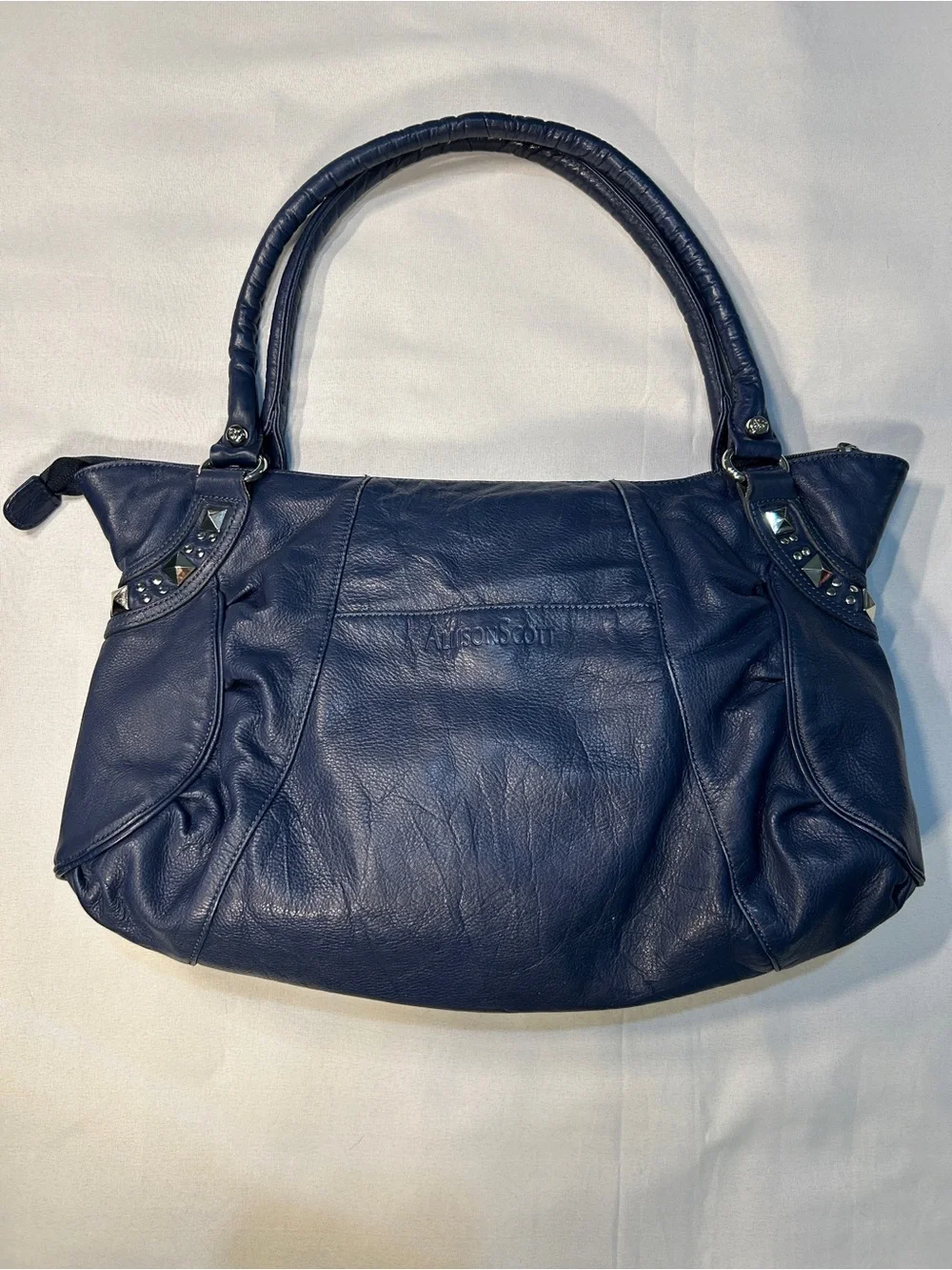 Allison Scott Navy Blue Genuine Leather Shoulder Hobo Style Studded Purse